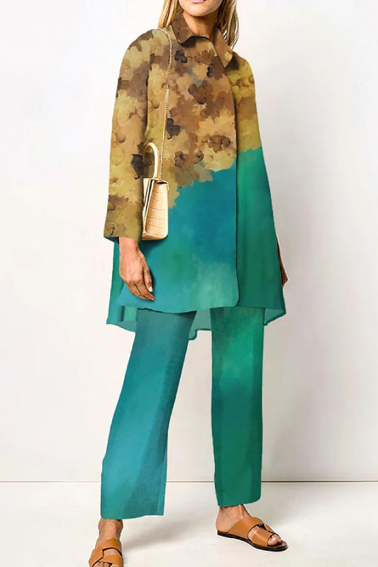 Fashion Art Flower Colored Elegant Style Long Sleeve Shirt Two Piece Set