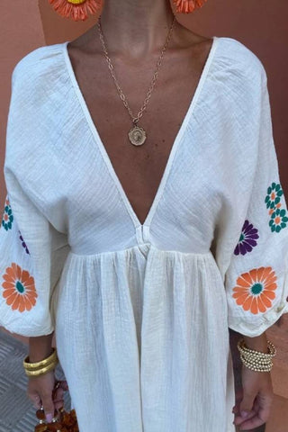 Backless Embroidery V-Neck Floral Maxi Dress