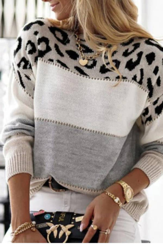 Color Block Round Neck Lantern Sleeve Animal Print Sweater