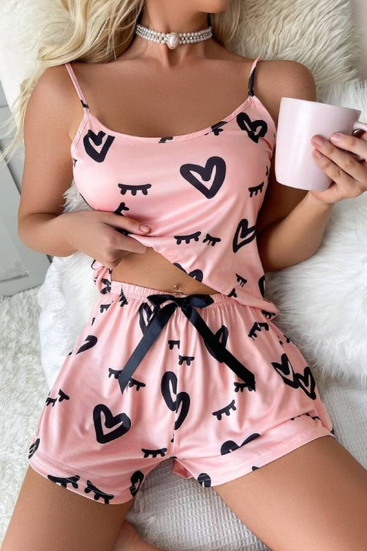 Heart & Eyelash Print Bow Pajama Set