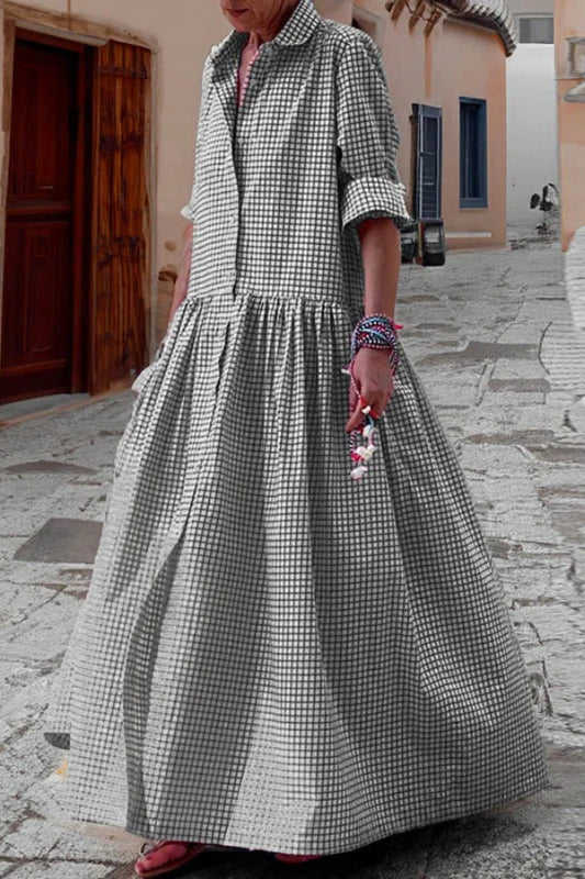 Long Sleeves Loose Buttoned Plaid Pleated Split-Joint Lapel Maxi Dress