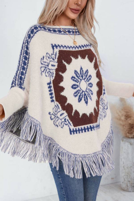 Retro ethnic style one neck pullover sweater shawl