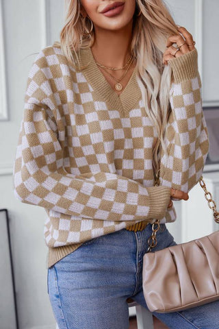 Checkered V-Neck Dropped Shoulder Sweater