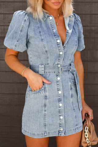 Puff Sleeve Button Up Denim Mini Dress