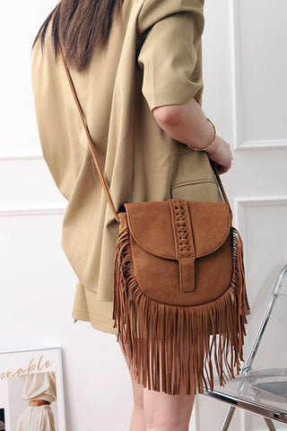 Women Semi Circular Leather Tassel Crossbody Bag