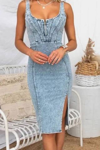 Denim Adjustable Straps Zip-up Firm Stretch Midi Dress