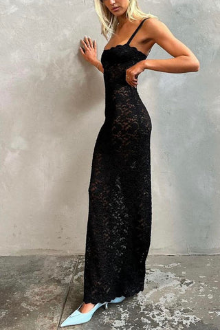 Solid Lace Slit Cami Maxi Dress