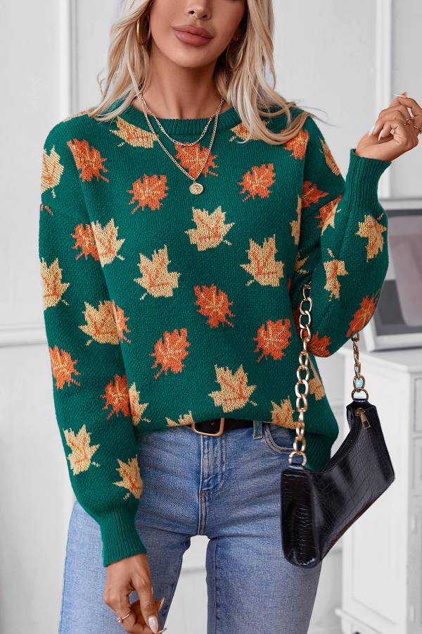 Maple Leaf Pattern Jacquard Casual Knitted sweater