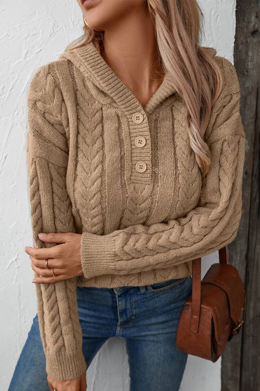 Hooded Thick Retro Button Cable Knit Sweater