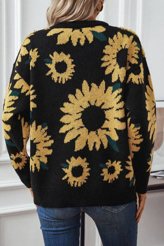 Sunflower towel embroidered round neck long sleeved knitted pullover sweater