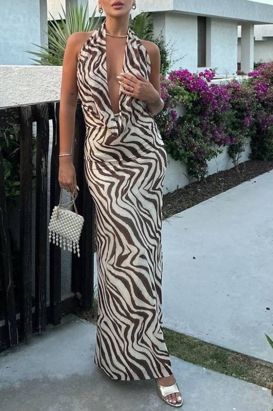 Linen blend animal print neck hanging maxi dress