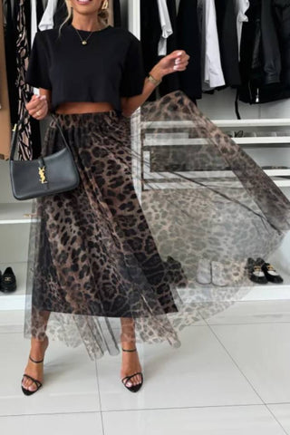 Tulle Leopard Print Elastic Waist A-line Maxi Skirt