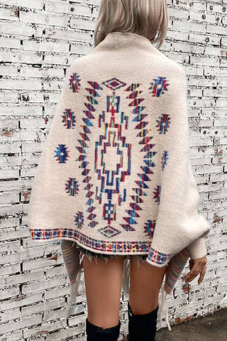 Open Front and Wraps Knit Cape Pop Aztec Geometric Ethnic Style Tassel Design Cardigan