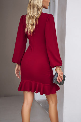 Solid Puff Sleeve Ruched Ruffle Hem Bodycon midi Dress