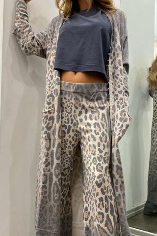 Leopard print long sleeved cardigan jacket and pants set