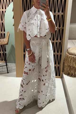 Casual Lace Blouse Wide Leg Pants Suit