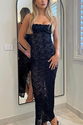 Solid Lace Slit Cami Maxi Dress