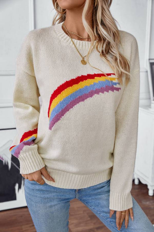 Fashion rainbow striped jacquard knitted sweater