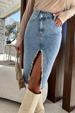 casual slit style solid color denim bag hip skirt