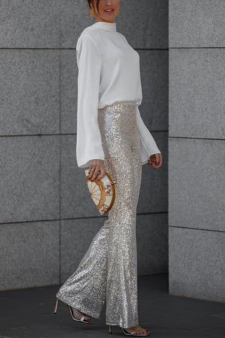 Sequin High Rise Elastic Waist Flare Pants