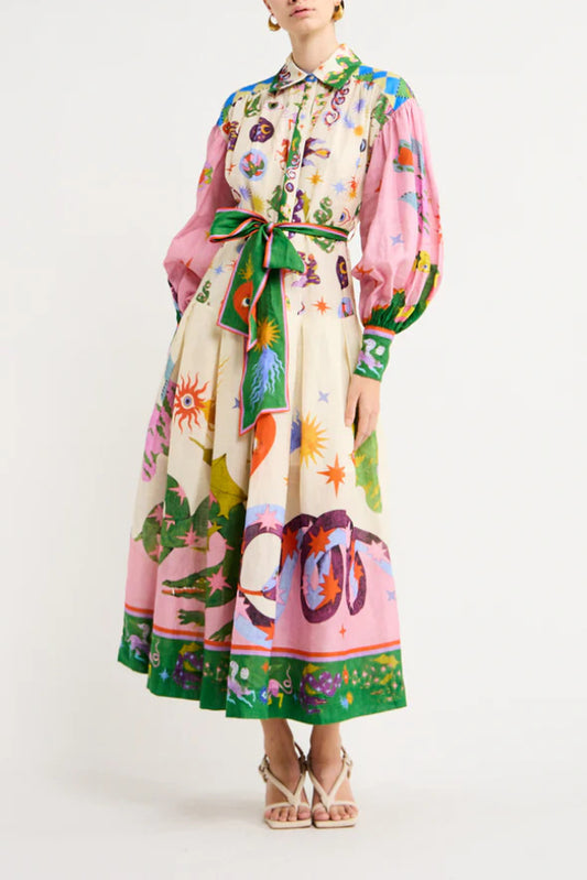 Special print lantern sleeve midi dress