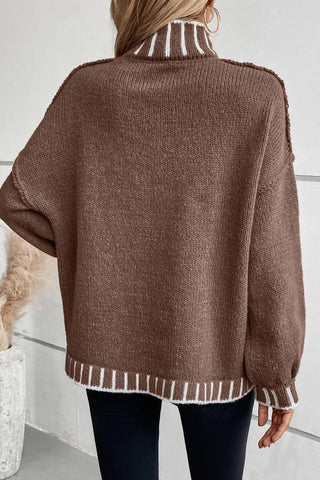 Casual Long Sleeve Mock Neck Color Block Loose Pullover Sweater