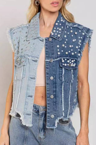 Splicing nail bead loose women's short denim jacket