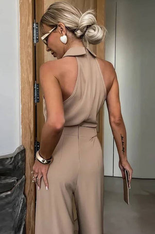 Fashionable Unique Look Halter Shirt Collar Pocketed Wide Leg Jumpsuit