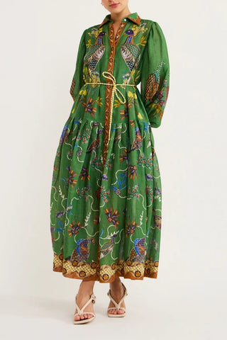 Single-breasted lantern sleeve pleated printed tie waist dress