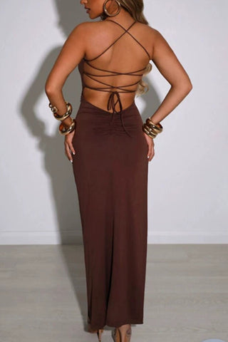 Backless Cross Strap Slit Suspender Maxi Dress