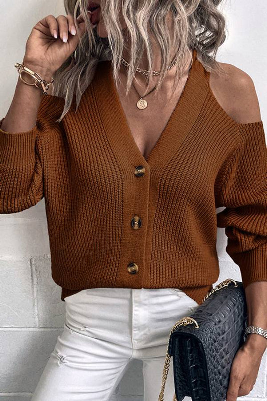 Cold Shoulder Plunge Neck Ribbed Cardigan