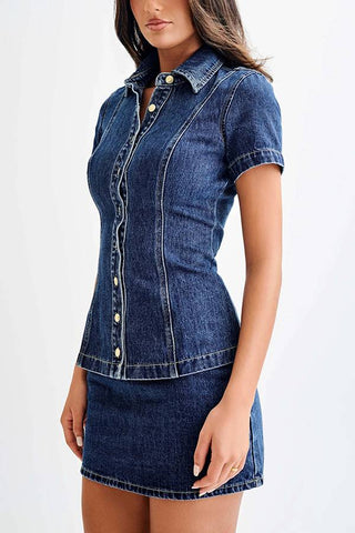 Modern style denim short sleeved button high waisted skirt set