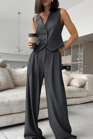 V-neck Sleeveless Vest Draped Wide-leg Pants Set