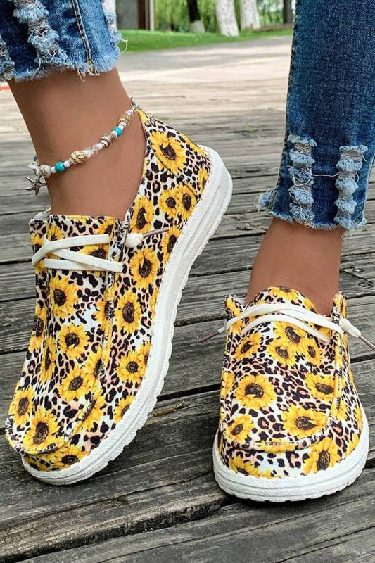 Casual Leopard & Sunflower Printed Lace Up Canvas Shoes