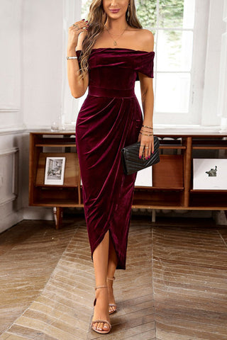 Off Shoulder Wrap Hem Velvet Cocktail Maxi Dress