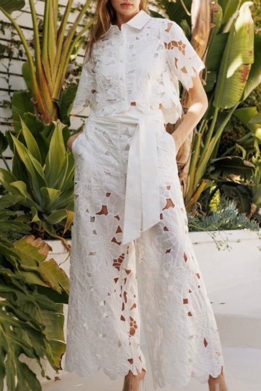 Casual Lace Blouse Wide Leg Pants Suit
