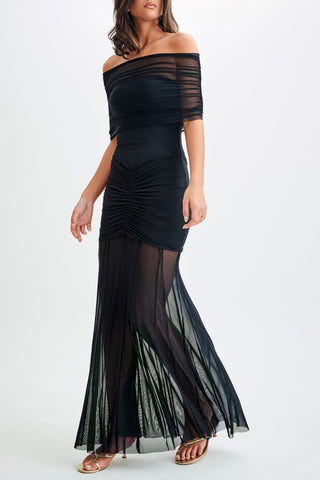 Off-Shoulder Mesh Wrap Sleeve Maxi Dress