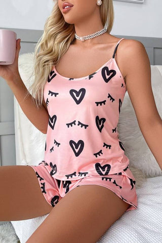 Heart & Eyelash Print Bow Pajama Set