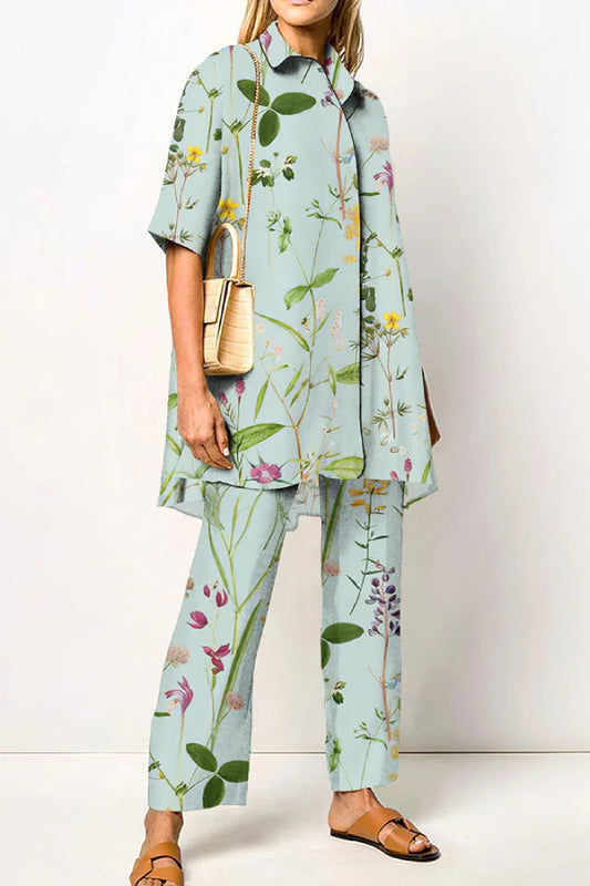 Fashion Floral Printed Shirt Two Piece Set