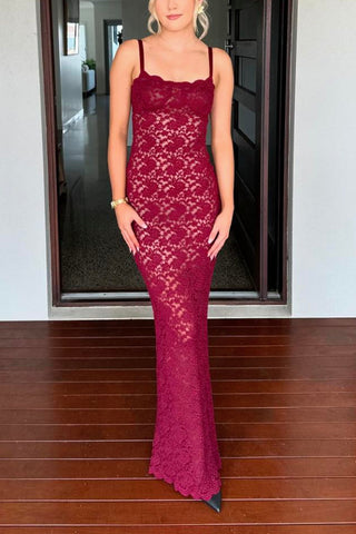 Solid Lace Slit Cami Maxi Dress