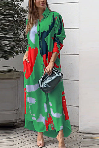 Fashionable casual printed loose slit shirt maxi dress