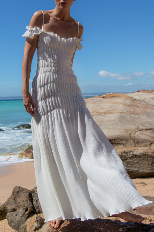 French pleated slim seaside resort style maxi dress