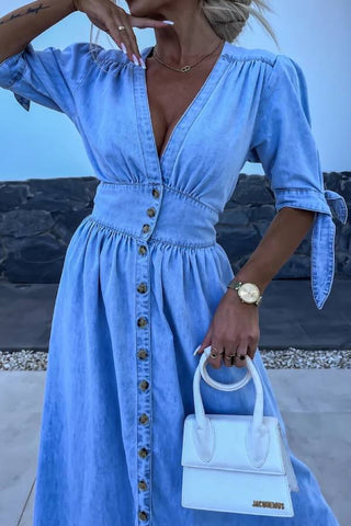 V-neck Button Down Denim Maxi Dress