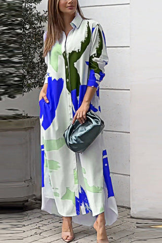 Fashionable casual printed loose slit shirt maxi dress