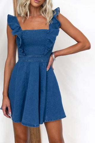 Fashionable and casual flying sleeves backless denim mini dress