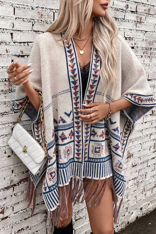 Boho Geometric Tassel Hem Cape Poncho Cardigan