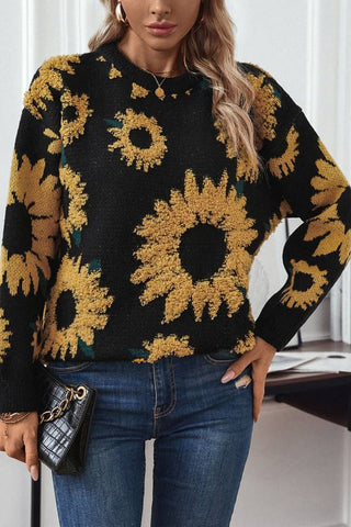 Sunflower towel embroidered round neck long sleeved knitted pullover sweater