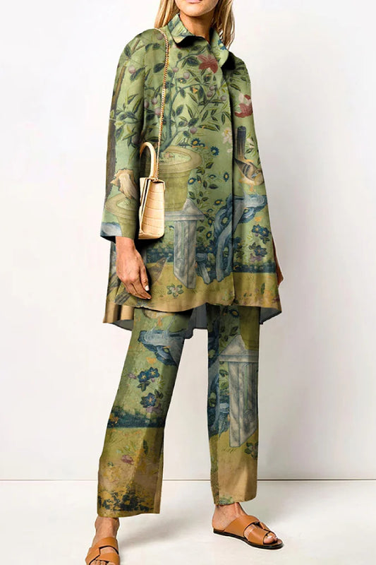 Fashion Chinese Painting Print Shirt Two Piece Set