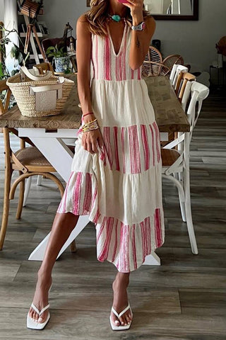 Casual Striped Patchwork V Neck maxi Dress