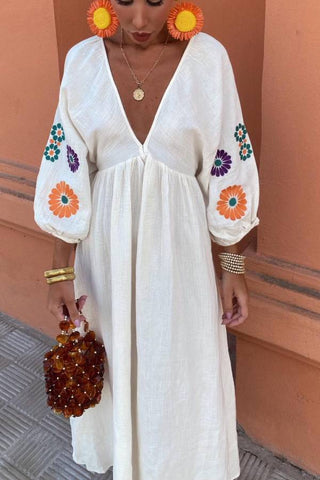 Backless Embroidery V-Neck Floral Maxi Dress